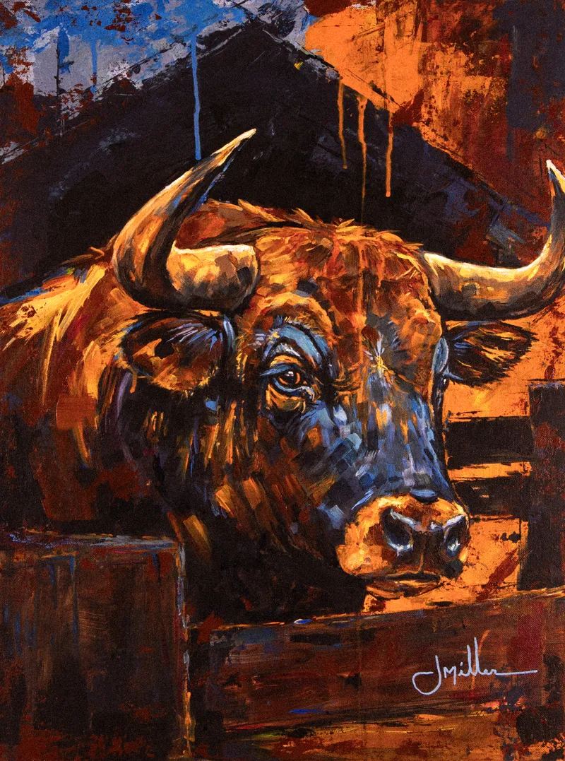 Fence-Line Bull, a painting by Jeff Miller