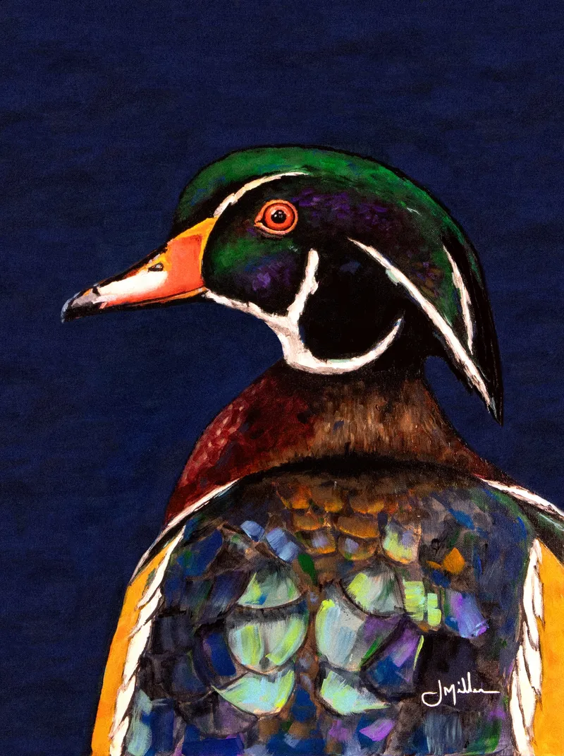 Drake Wood Duck, a painting by Jeff Miller of a male wood duck drake in vivid, almost surreal breeding plumage, rendered in bold, expressive brushwork